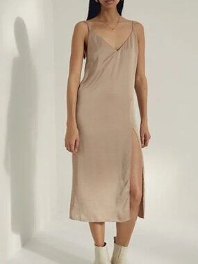 Aritzia Wilfred Satin Slip Midi Dress Thigh Slit Champagne Tan Size Small